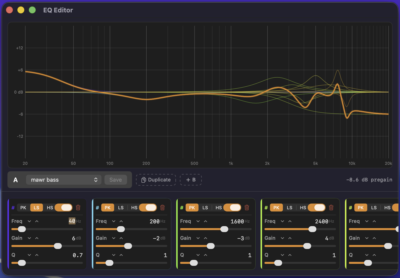 MusEQ EQ Editor — parametric equalizer with frequency response graph, filter controls, and A/B profile comparison